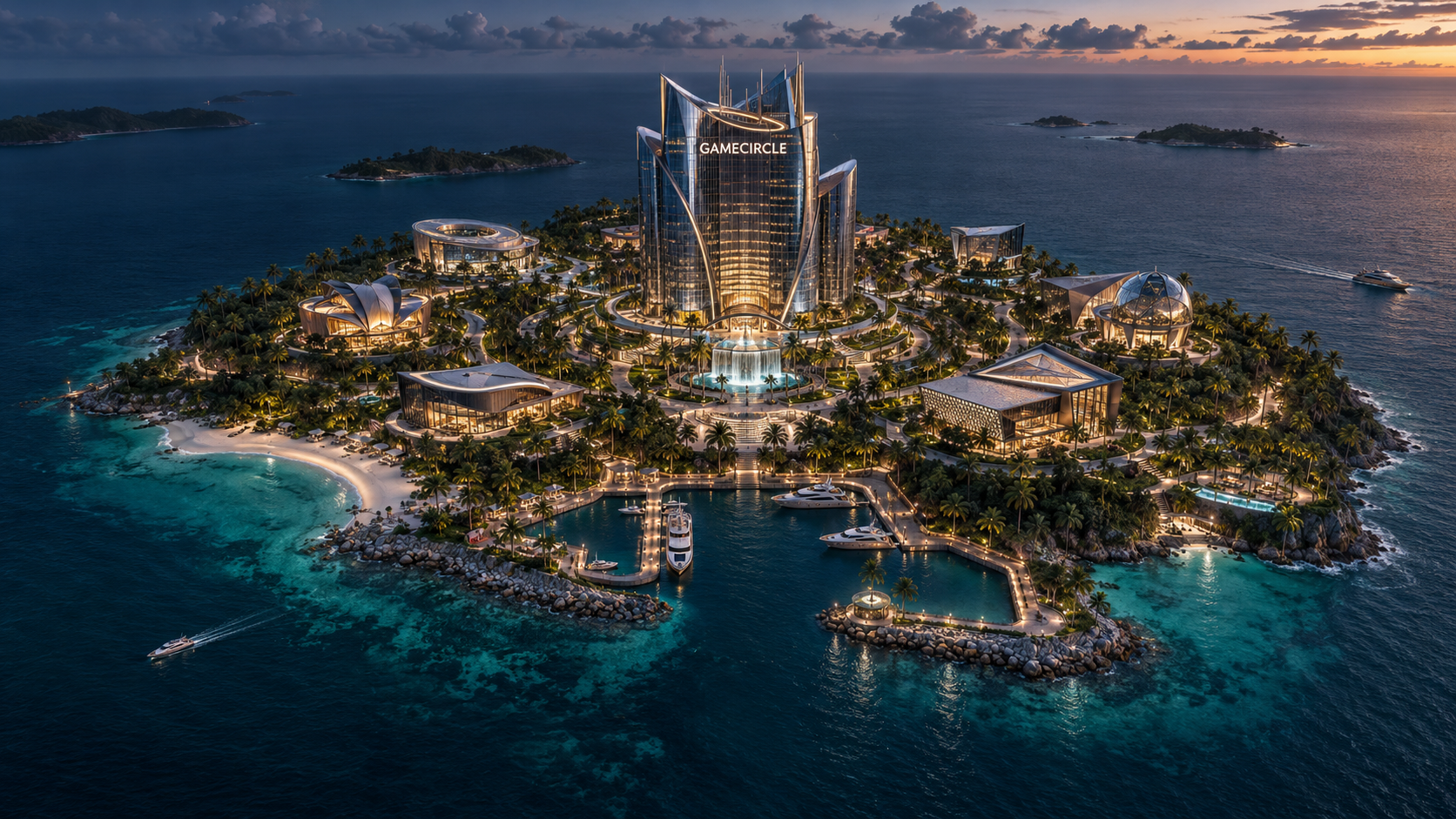 GameCircle ocean island with a central gaming tower, marina and surrounding provider pavilions